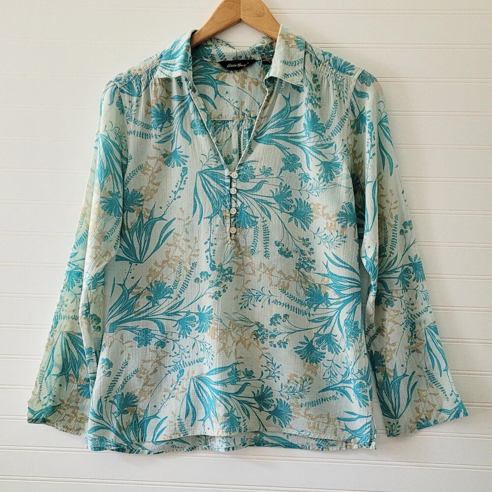 Eddie Bauer Top Womens Small Blue Floral Print Gauzy Cotton Long Sleeve Sheer